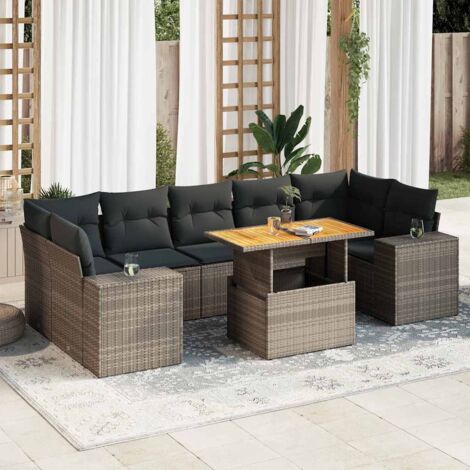 Ensemble de Jardin 8 Places en Résine Tressée Gris avec Coussins et Table Modulable – Salon d'Extérieur avec Rangement
