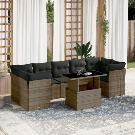 Ensemble de jardin 8 places en résine tressée grise - Salon d'extérieur avec table basse réglable et coussins amovibles