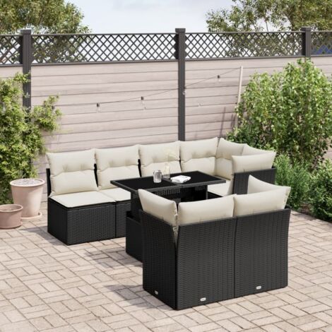 Ensemble de jardin 8 places en résine tressée noir avec table extensible et coussins crème - Salon extérieur modulaire