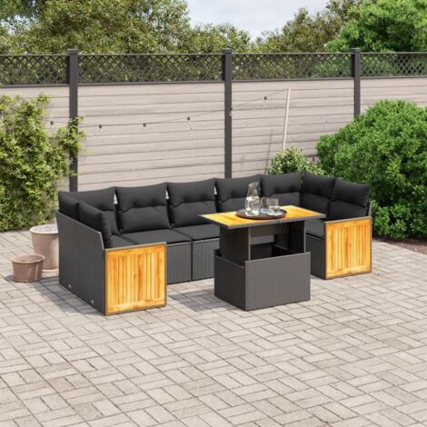 Ensemble de jardin 8 places en résine tressée noire avec coussins - Table extensible et design modulaire