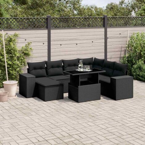 Ensemble de jardin 8 places en résine tressée noire avec table extensible et coussins amovibles - Salon d'extérieur modulaire avec repose-pieds