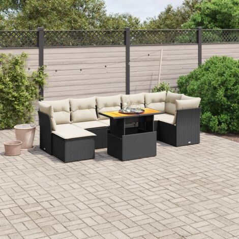Ensemble de jardin 8 places en résine tressée noire avec table extensible et coussins lavables