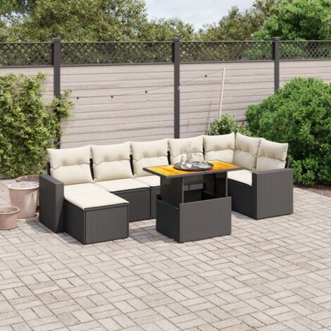 Ensemble de Jardin 8 Places en Résine Tressée Noire avec Table Réglable et Coussins Crème - Salon Extérieur Modulaire avec 7 Sièges et Pouf