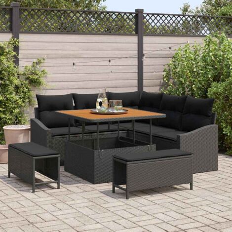 Ensemble de Jardin 9 Pièces en Polyrotin Noir avec Table Acacia  Modulable  Design Moderne  8 Places