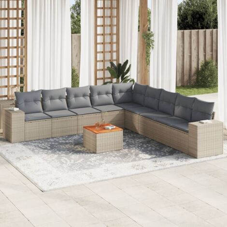 Ensemble de Jardin 9 pièces en Résine Tressée Gris avec Coussins, Table Acacia  Modulable et Résistant aux Intempéries