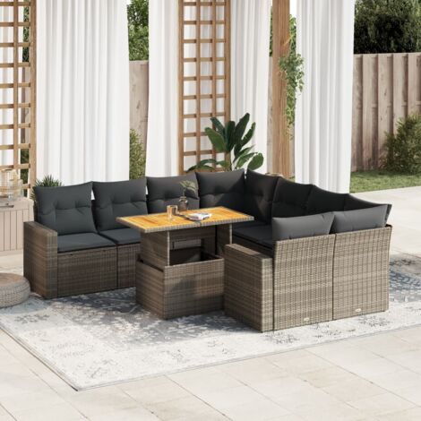 Ensemble de jardin 9 pièces en résine tressée grise avec coussins, table modulable et rangement intégré