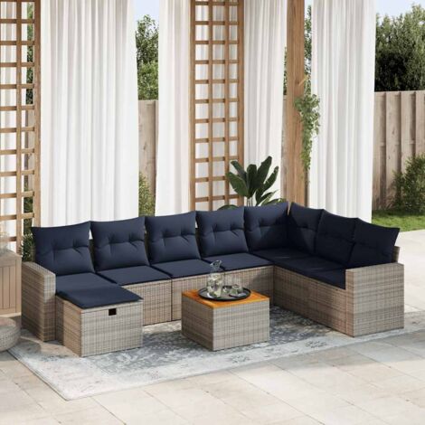 Ensemble de jardin 9 pièces en résine tressée grise avec table et coussins bleu marine - Mobilier extérieur avec rangement, sac imperméable et repose-pieds
