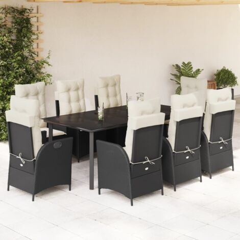Ensemble de Jardin 9 Pièces en Résine Tressée Noir avec Verre Trempé, 8 Chaises inclinables et Coussins Blanc Crème - Table 200x100 cm