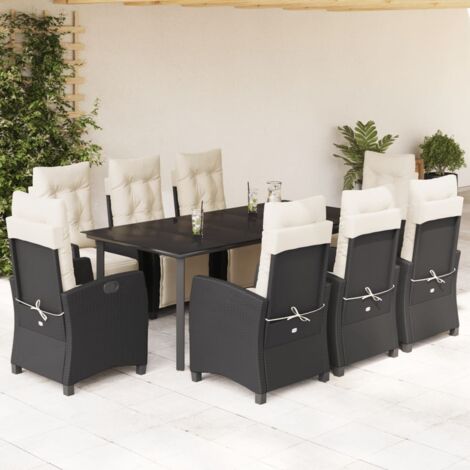 Ensemble de Jardin 9 Pièces Noir en Résine Tressée - Table et Chaises avec Coussins Crème et Verre Trempé 200x100 cm