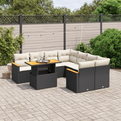 Ensemble de Jardin 9 Pièces Noir Résine Tressée avec Coussins Crème - Salon Extérieur Modulable Table Réglable