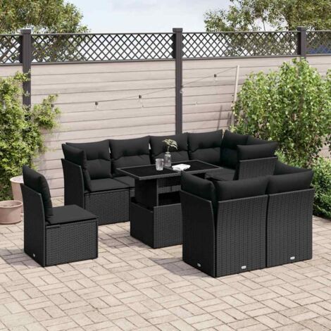 Ensemble de Jardin 9 Pièces Noir Résine Tressée avec Coussins - Salon Extérieur Modulable Table Réglable
