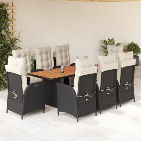 Ensemble de jardin 9 pièces noir résine tressée (Table 190x80 cm, 8 chaises inclinables avec coussins crème)