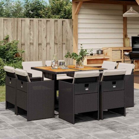 Ensemble de Jardin 9 pièces Table en Acacia Massif et Chaises en Résine Tressée Noires avec 8 Coussins Amovibles Lavables 110x106 cm