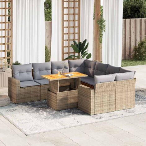 Ensemble de Jardin 9 Places en Résine Tressée Beige avec Coussins Gris, Table Acacia Modulable et Rangement Intégré