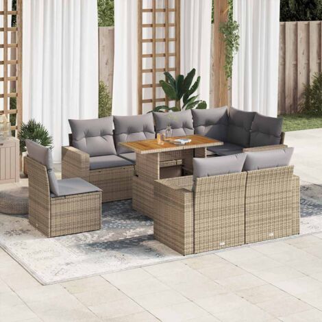 Ensemble de Jardin 9 Places en Résine Tressée Beige avec Coussins Gris - Table Modulable et Sièges de Rangement