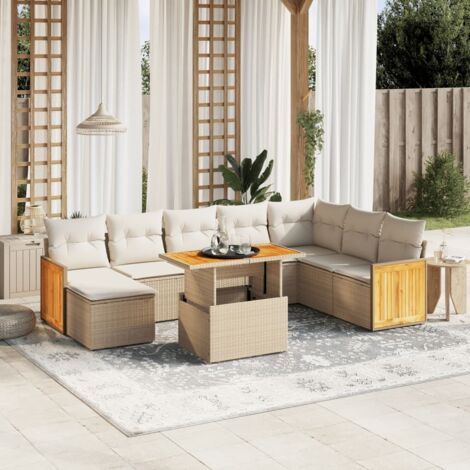 Ensemble de jardin 9 places en résine tressée beige avec coussins - Table extensible et design modulaire