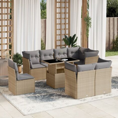 Ensemble de jardin 9 places en résine tressée beige avec table extensible et coussins déhoussables - Salon d'extérieur modulaire