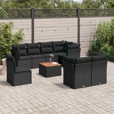 Ensemble de jardin 9 places en résine tressée noire avec coussins - 8 sièges modulaires avec rangement et table acacia - Meuble terrasse design résistant aux UV