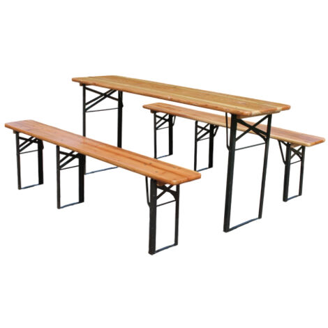 Ensemble de jardin à bière pliable 177 cm, 3 pièces : 1 table pliante + 2 bancs, pin massif résistant aux intempéries, gain de place.