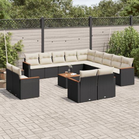 Ensemble de Jardin à Manger 3 Pièces en Résine Tressée Noire avec Coussins Blanc Crème et Table Verre 90x90 cm