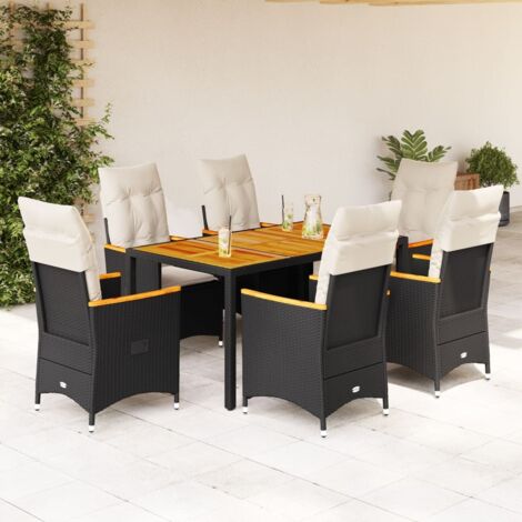 Ensemble de Jardin à Manger 7 Pièces Noir Résine Tressée - 6 Chaises Relax et Table en Bois d'Acacia avec Coussins