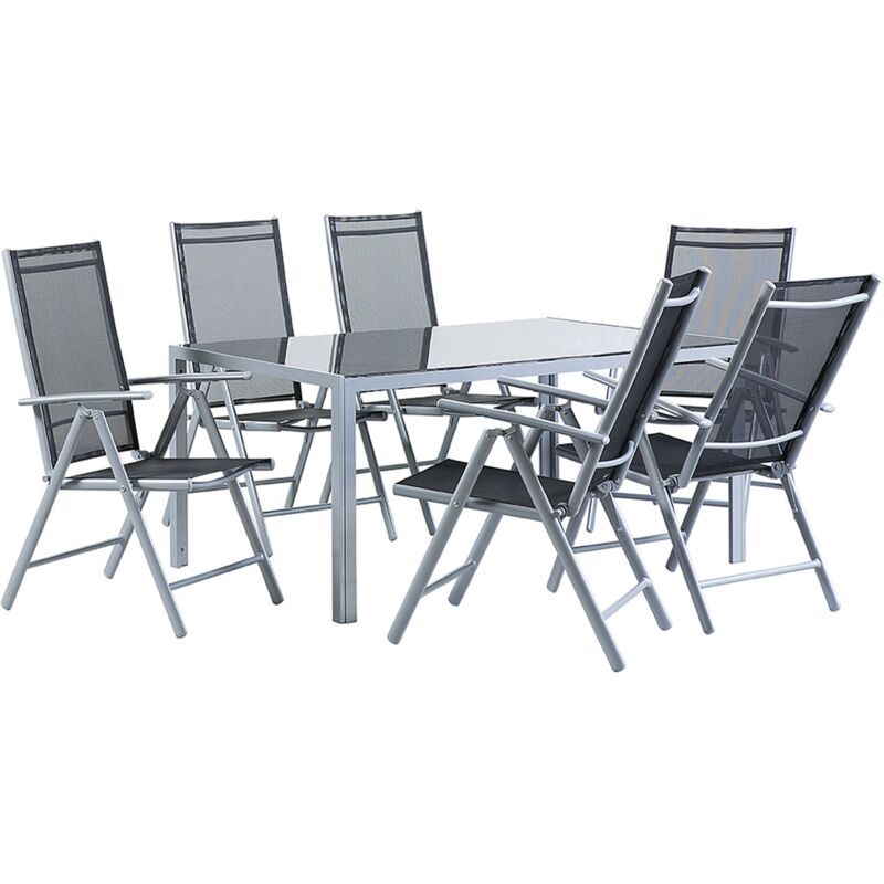 Ensemble de Jardin Table et 6 Chaises en Aluminium Textile Noir et Argenté Catania