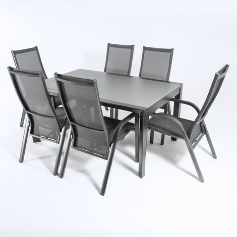 Ensemble de jardin anthracite Table extensible 160/210 et 6 fauteuils inclinables et empilables Aluminium double renforcé