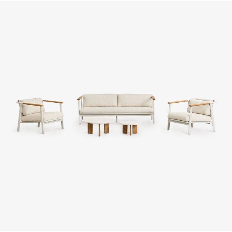 Ensemble de jardin avec canapé 3 places en tissu bouclé, 2 tables basses et 2 fauteuils en aluminium Yervin Sklum