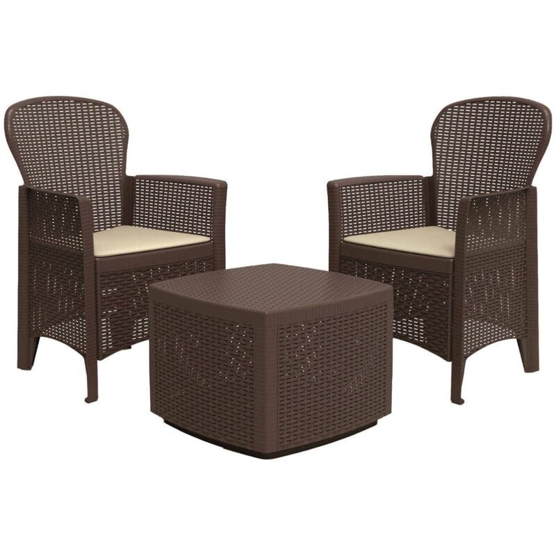 Ensemble de jardin avec coussins, 2 fauteuils et 1 table conteneur d'extérieur, Made in Italy, Couleur marron