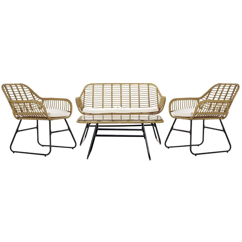 Pegane - Ensemble de jardin avec table et 2 fauteuils et 1 canapé en rotin synthétique et verre