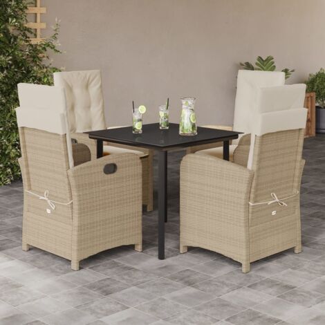 Ensemble de Jardin Beige en Polyrotin 5 Places, Table en Verre 80x80cm, 4 Chaises Inclinables avec Coussins Blancs Lavables (4x110kg)