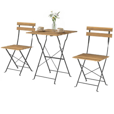 Ensemble de Jardin Bistrot 3 Pièces, 2 Fauteuils Pliants, Table Ronde en Acacia, 55x55x71cm, Teinte Naturelle