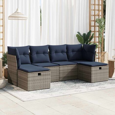 [Ensemble de Jardin] Canapé 6 Pièces en Résine Tressée Gris avec Coussins Bleu Marine et Coffre Rangement