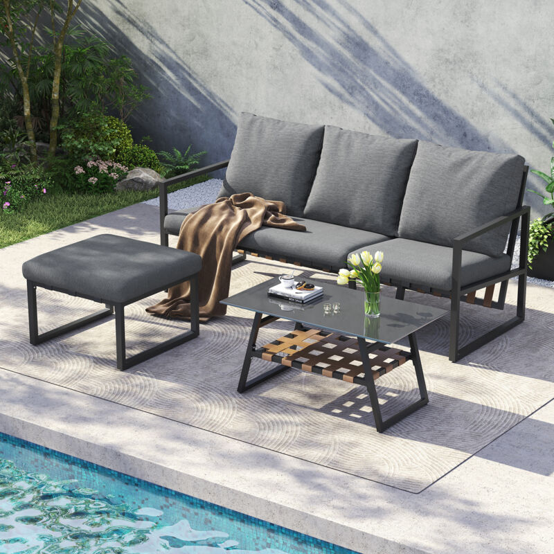 Ensemble de jardin, canapé + table basse + repose-pieds, mobilier de jardin extérieur, acier galvanisé, plateau en verre, gris
