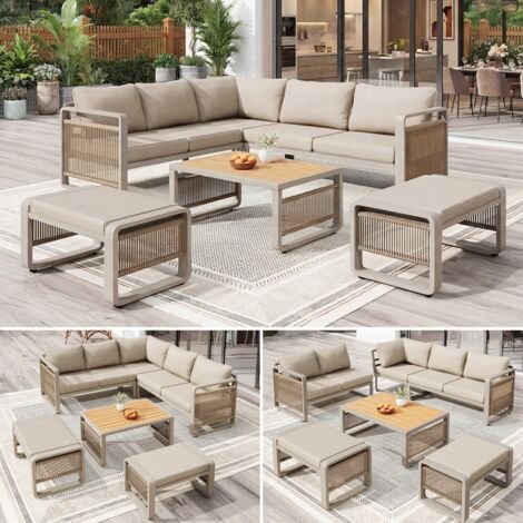 Ensemble de jardin d’angle pour 6-7 personnes, canapé corde tressée, chaises longues fer, coussins moelleux, pieds réglables, beige 120x65x66.5cm