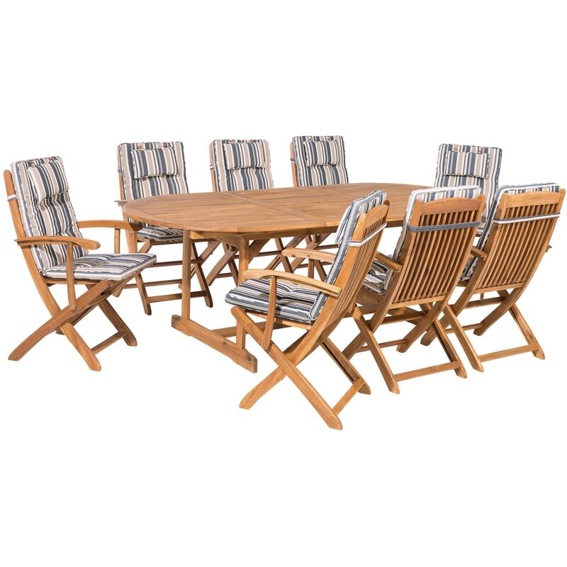 Ensemble de Jardin Table Extensible Ovale 160 / 220 x 85 cm et de 8 Chaises Pliables avec Coussins d'Assise à Rayures Bleu Beige Beliani