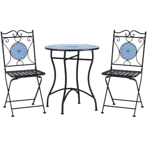 Ensemble de jardin en 3 pièces, table basse et 2 chaises pliantes avec mosaïque, bleu