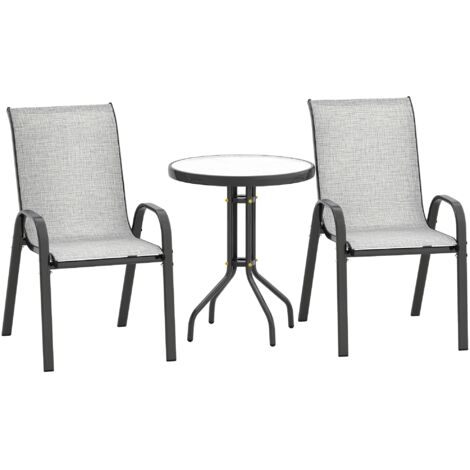 Ensemble de jardin en acier gris composé de 3 pièces : 2 chaises de jardin (54x71x93 cm) et 1 table ronde (Ø60x71 cm).