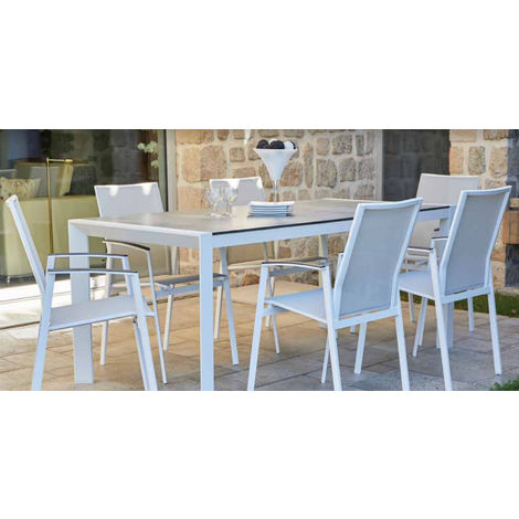 Ensemble De Jardin En Aluminium Avec Table Gris Clair Et 6 Fauteuils Perle Pegane