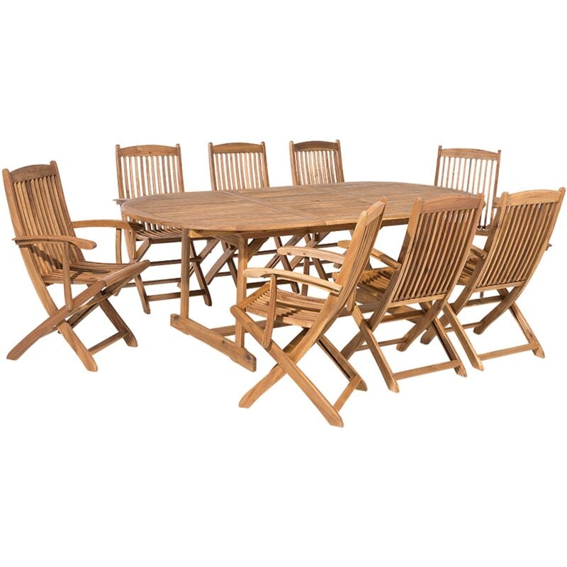 Ensemble de Jardin composé d'une Table Extensible Ovale 160 / 220 x 85 cm et de 8 Chaises Pliantes en Bois d'Accacia Beliani