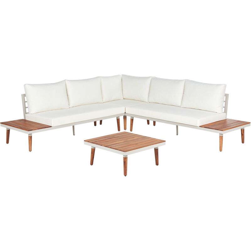 Ensemble de Jardin en Bois d'Acacia avec Canapé d'Angle 5 Places Table Basse Coussins Blanc Cassé Corato