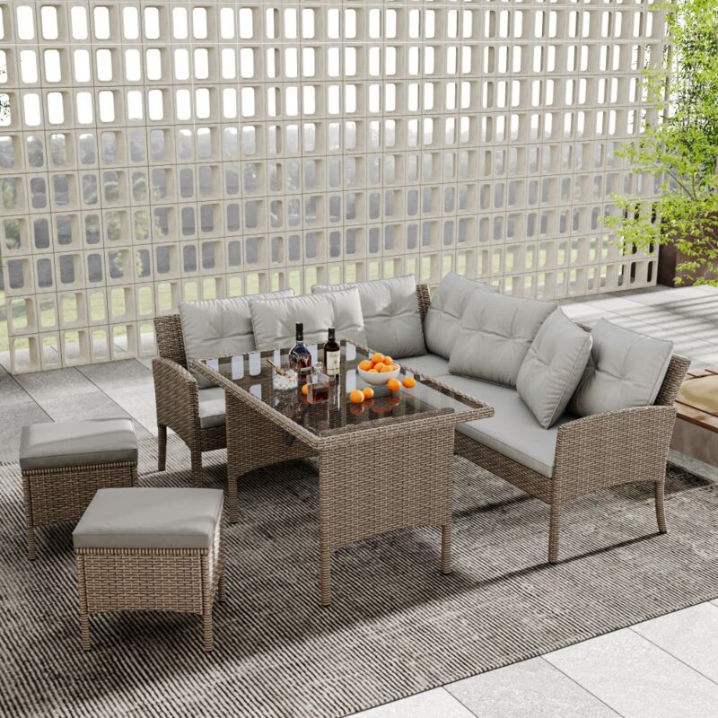 Ensemble de jardin en poly rotin pour 7 personnes avec canapé, table, tabouret & coussins,Tissu amovible et lavable - Couleur kaki