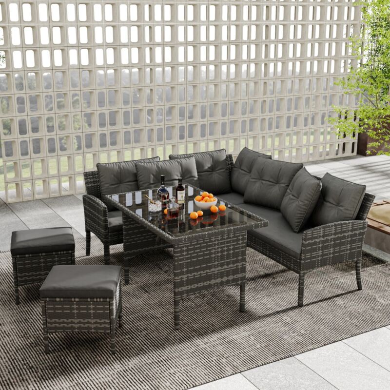 Ensemble de jardin en poly rotin pour 7 personnes avec canapé, table, tabouret & coussins,Tissu amovible et lavable - Gris
