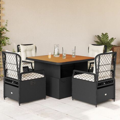Ensemble de Jardin en Résine Tressée 5 Pièces avec Coussins - Table et Chaises Reclinables Noir et Acacia
