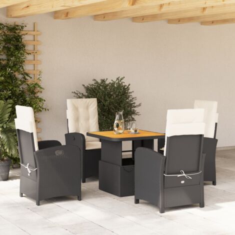 Ensemble de Jardin en Résine Tressée 5pcs Noir avec Coussins Crème  Table Relevable 80x80cm + 4 Chaises Inclinables
