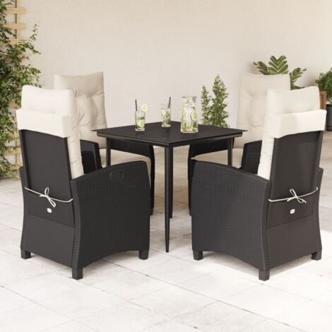 Ensemble de Jardin en Résine Tressée 5pcs Noir - Table et Chaises Relax avec Coussins, Verre Trempé