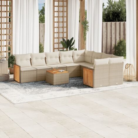 Ensemble de Jardin en Résine Tressée avec Table Acacia et Coussins Crème – Salon Complet 10 Pièces