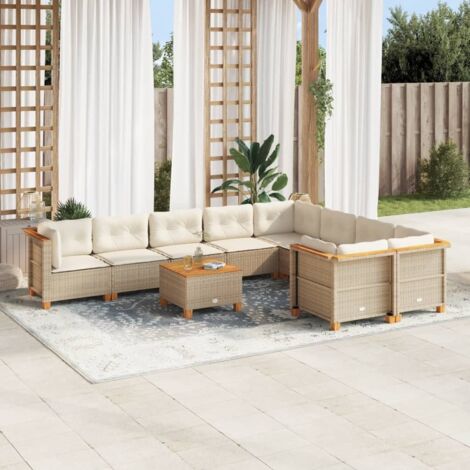 Ensemble de jardin en résine tressée beige 10 places avec coussins - Salon modulaire avec table en acacia