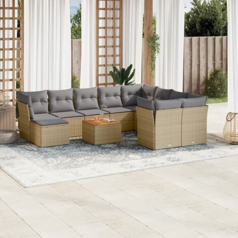 Ensemble de jardin en résine tressée beige avec 10 coussins (3 canapés d'angle, 4 centres, 1 table, 2 poufs) - Modulaire pour terrasse et patio