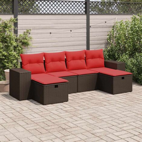 Ensemble de jardin en résine tressée marron 6 places avec 2 canapés d'accoudoir, 2 sièges et 2 poufs  6 coussins rouges et rangement intégré